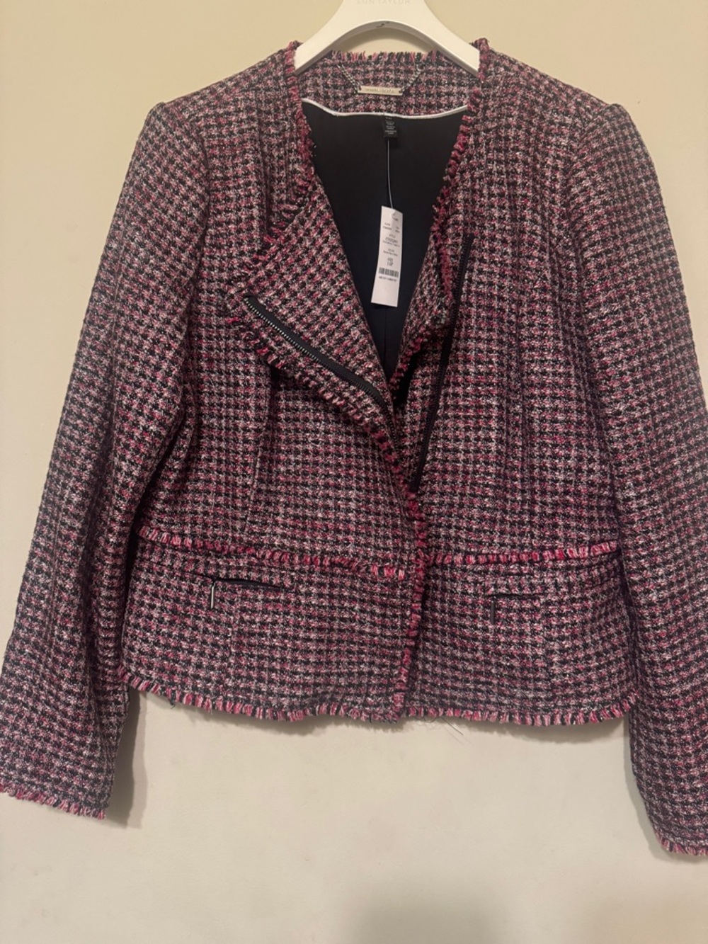 White House Black Market Pink and Black Tweed Zip-Front Blazer